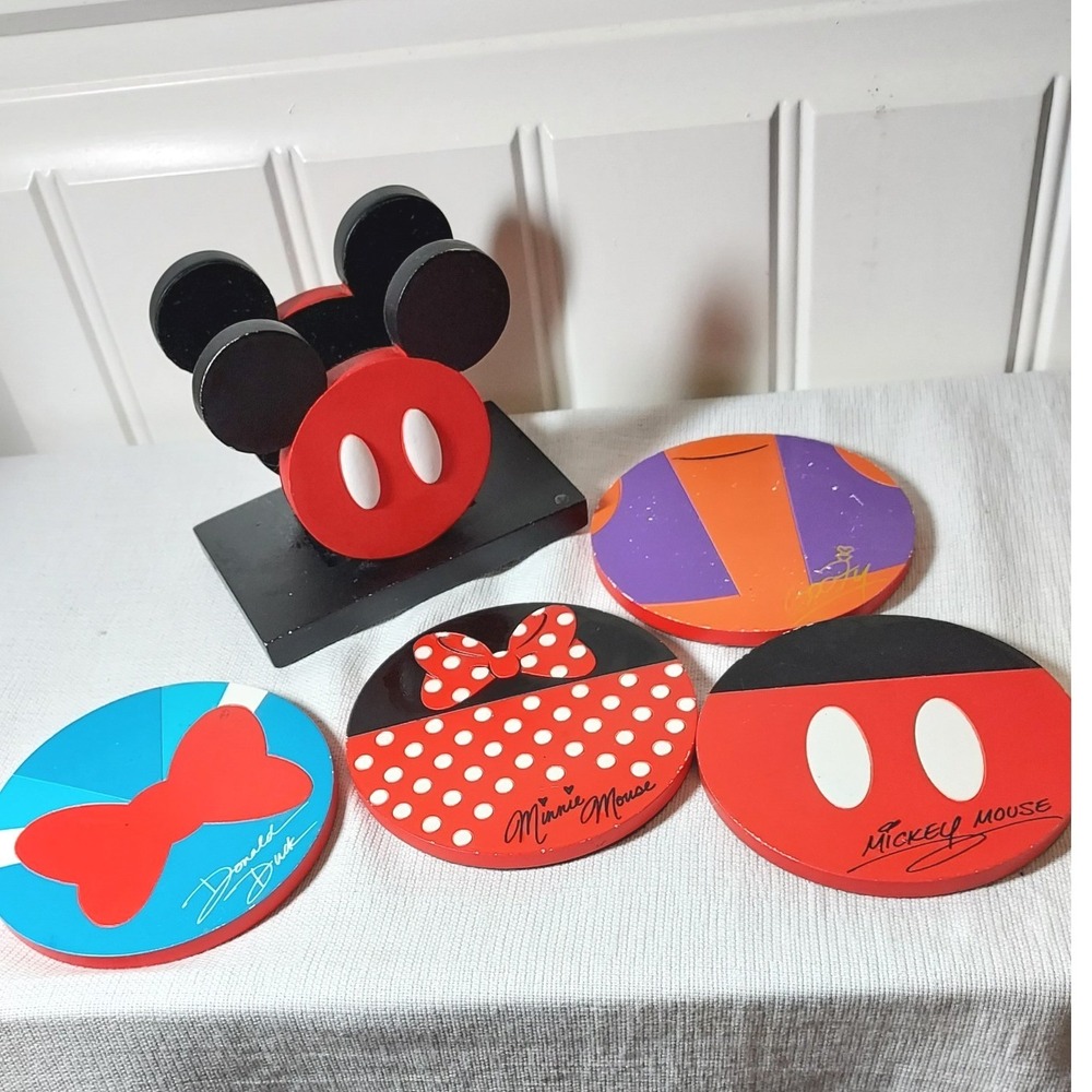 Disney Mickey Mouse Wooden Coaster Set with Holder Red Blue 4pc One‎ Size